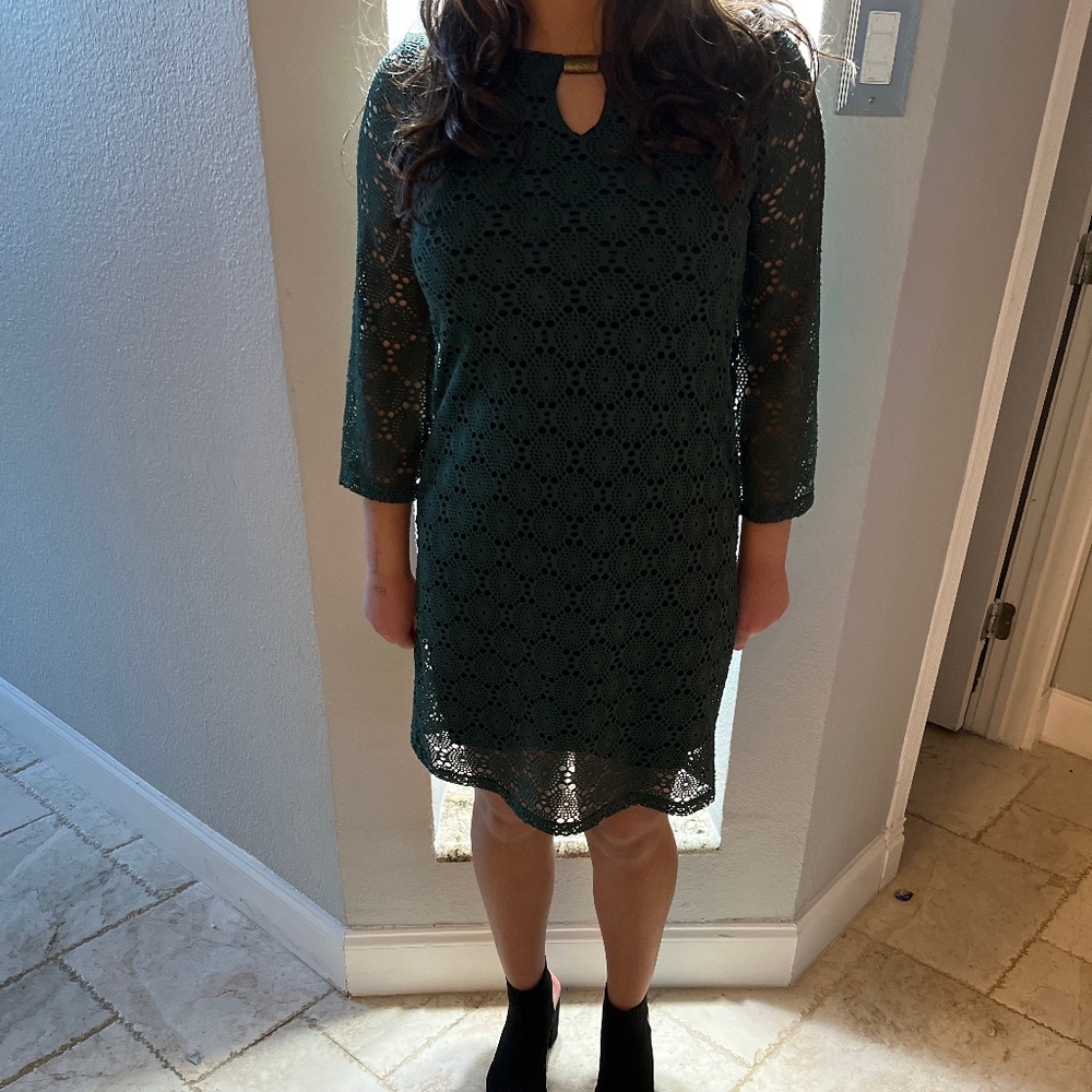 Green lace dress with gold buckle